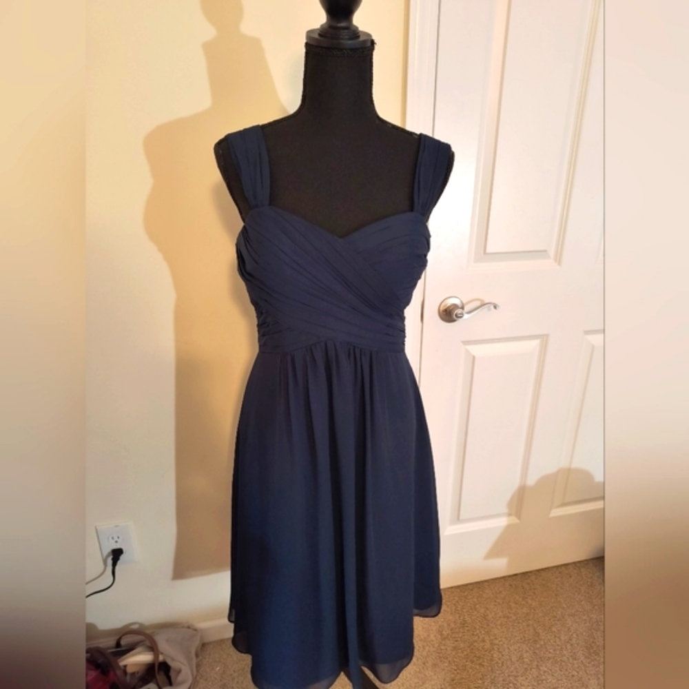 Bill Levkoff Navy Blue Shiloh Chiffon Sweetheart Bridesmaid Dress Size 10 - Picture 9 of 12